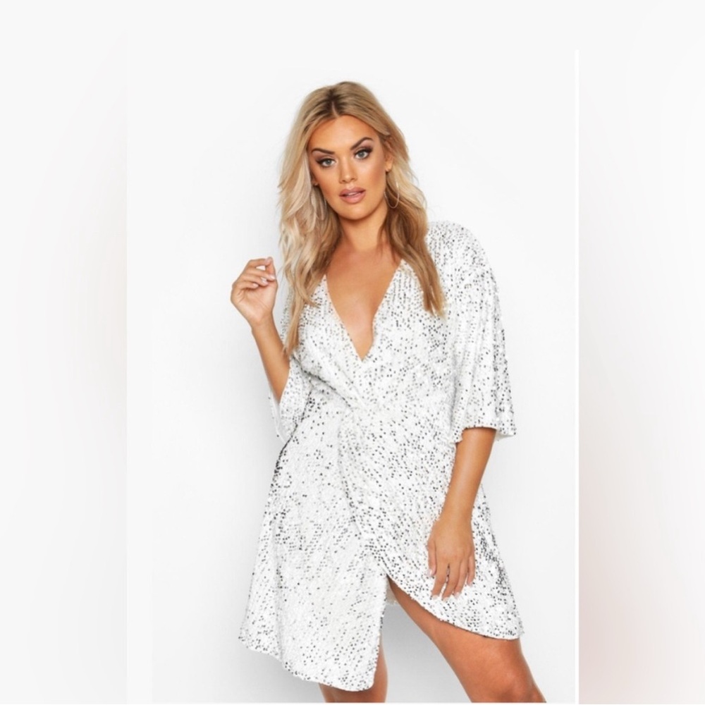 Boohoo White Sequin Twist Front Dress